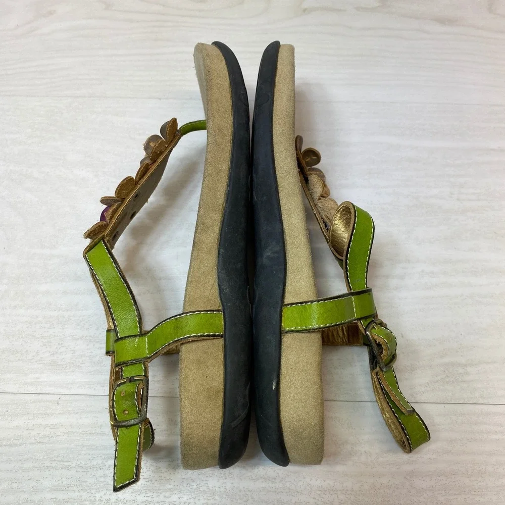 L'Artiste Womens 38 Sandals Sundae Floral Leather Thong Ankle Strap Green Boho